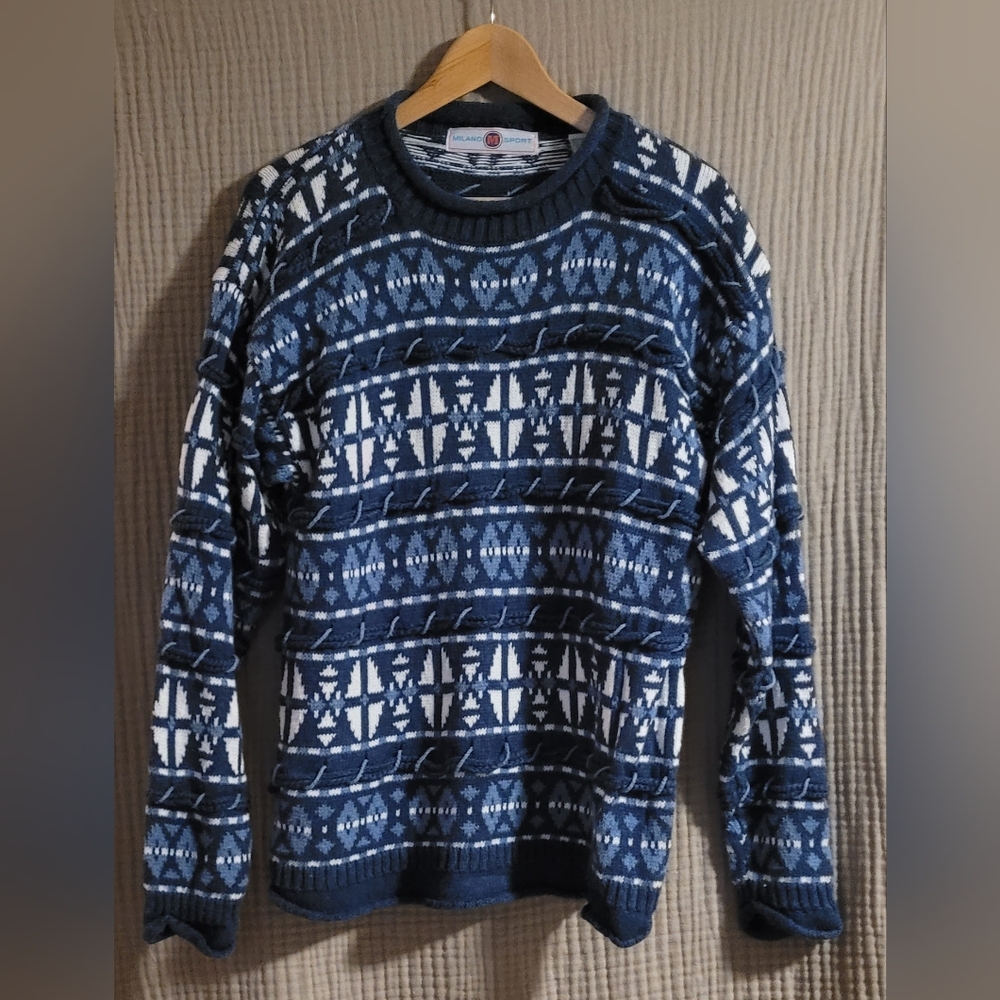 ​VTG Milano Sport 3D Textured Knit Sweater Blue Geometric Coogi Style Medium